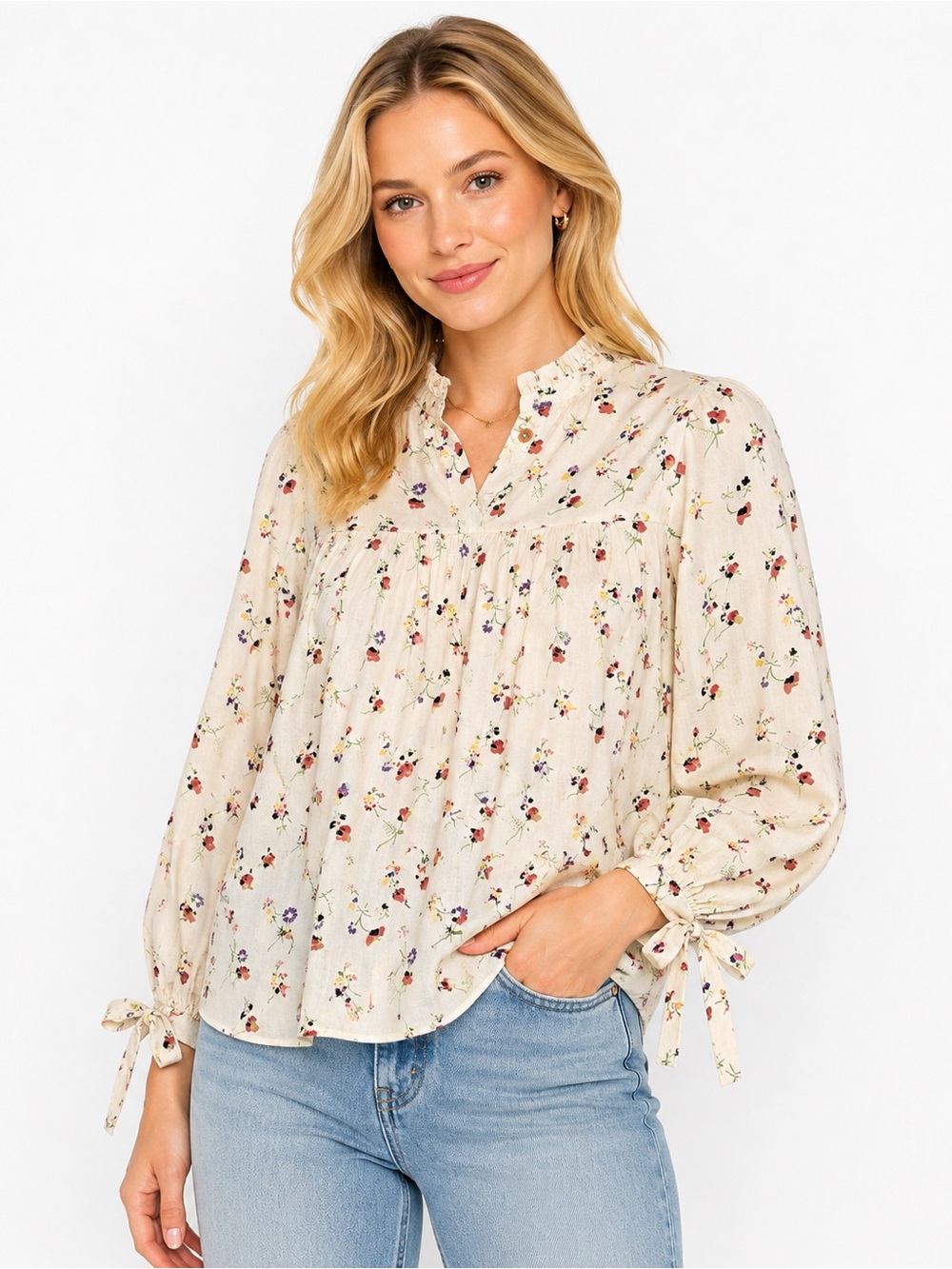 Warm Size Large Floral Tie-Sleeve Ruffle Neck Blouse - Cream